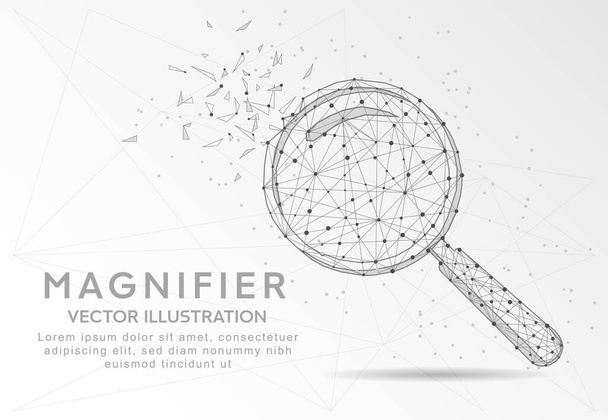 Magnifying or search sign digitally drawn in the form of broken a part triangle shape and scattered dots low poly wire frame. - Vetor, Imagem