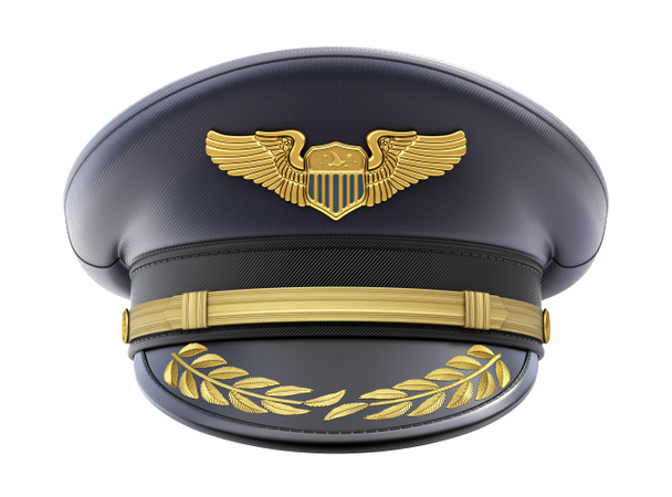 Vista frontal del sombrero piloto civil con la insignia aislada sobre fondo blanco - Ilustración 3D - Foto, Imagen
