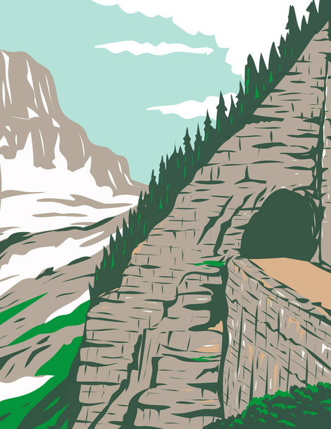 Plakat WPA sztuki Going-to-the-Sun Road w tunelu Eastside i Mt. Reynolds, Park Narodowy Glacier, Montana, Stany Zjednoczone w pracach administracji projektu lub federalnym stylu projektu artystycznego. - Wektor, obraz