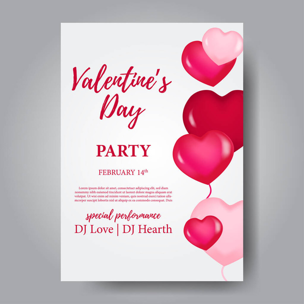 Valentýn party plakát banner šablona s 3D balón srdce ve tvaru červené a růžové - Vektor, obrázek