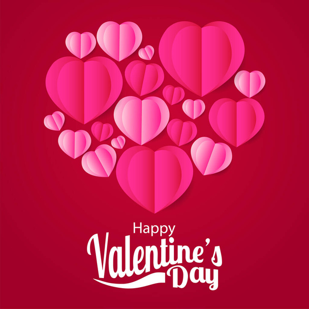 Bir grup kağıt işi, pembe kalp şeklinde kesilmiş aşk, aşk ve sevgililer günü için kırmızı arkaplan çizimi. - Vektör, Görsel