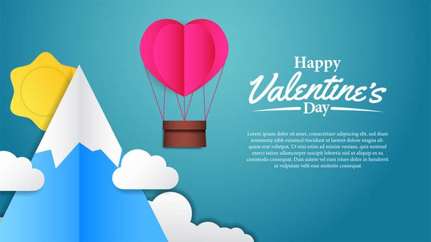 Hot volo elio palloncino stile carta taglio stile con montagna e sfondo blu per il giorno di San Valentino cartellone di auguri modello banner - Vettoriali, immagini