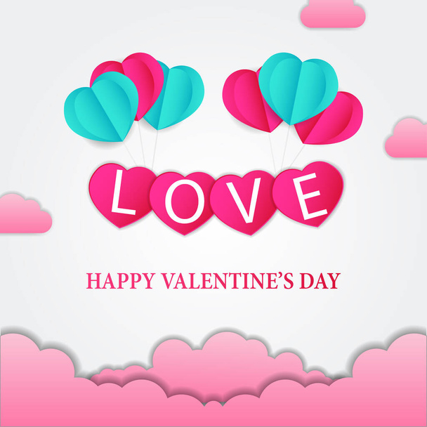 Balão em forma de coração tosca e papel rosa artesanato estilo corte com tipografia de amor para o romance, casamento e dia dos namorados - Vetor, Imagem