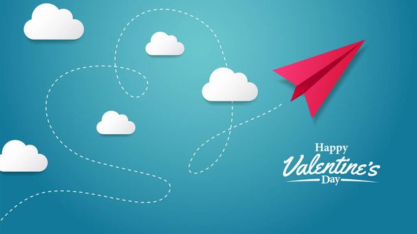 Шаблон поздравительных открыток на день Святого Валентина с иллюстрацией летающего бумажного самолета оригами на облачном и синем фоне - Вектор,изображение