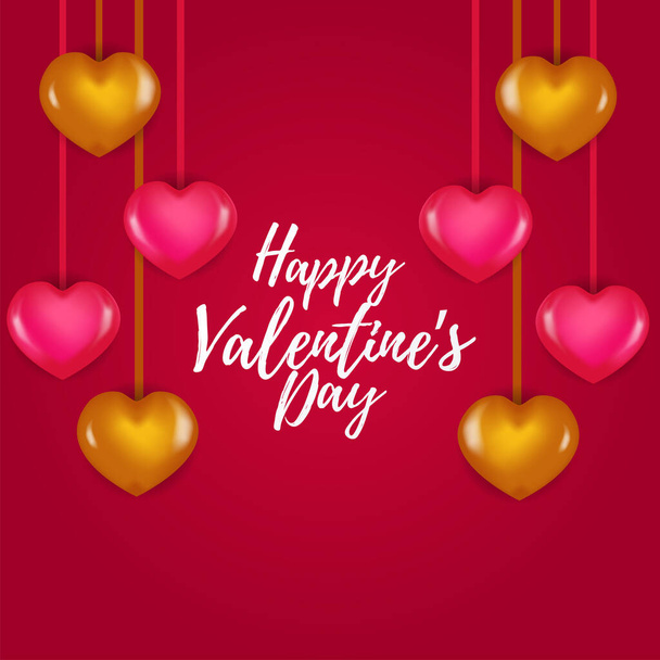 colgante 3D rosa y oro en forma de corazón ilustración de la decoración con fondo rojo para el día de San Valentín - Vector, Imagen