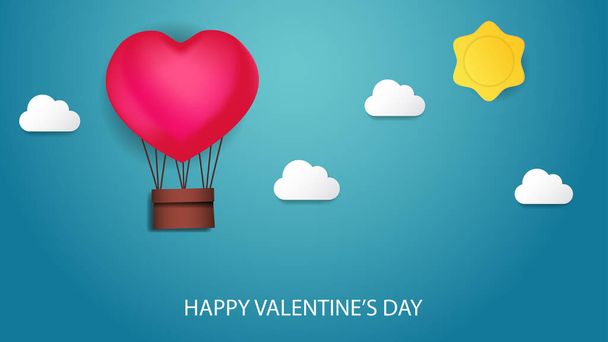 Hete vliegende ballon illustratie met zon en blauwe achtergrond voor Valentijnsdag wenskaart poster banner sjabloon - Vector, afbeelding