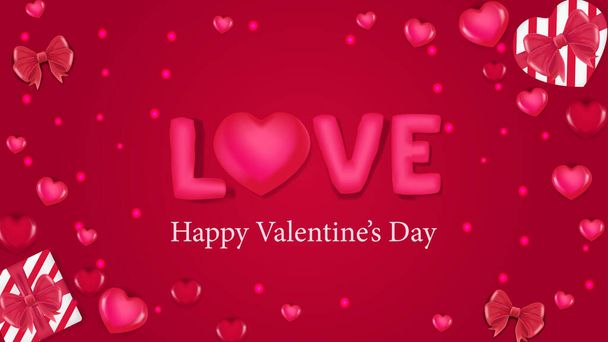 ροζ 3d αγάπη κείμενο εικόνα σχήμα καρδιάς με κόκκινο φόντο για την ημέρα του Αγίου Βαλεντίνου πρότυπο ευχετήρια κάρτα - Διάνυσμα, εικόνα