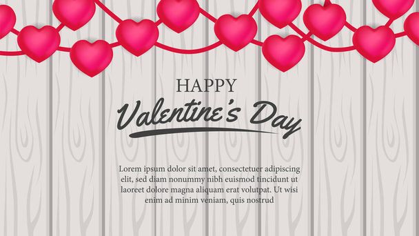 valentine's day greeting card poster banner with illustration of hanging 3D heart pink decoration with wood background - Vector, Image