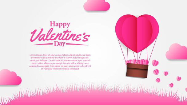 hete vliegende roze hart vorm ballon papier gesneden stijl met witte achtergrond voor Valentijnsdag wenskaart sjabloon - Vector, afbeelding