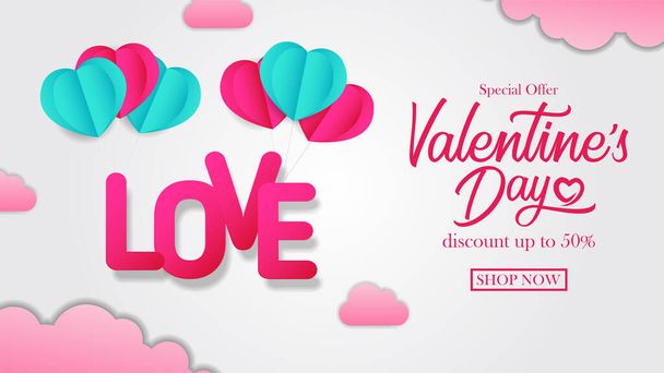 Tipografia de amor com decoração de balão em forma de coração rosa e tosca para venda de dia dos namorados oferecem modelo de banner - Vetor, Imagem