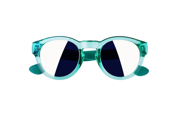 Blue green sunglasses with mirror reflection lens white background isolated closeup, fashion male or female sunglass, men's or women's stylish eyeglasses, uv protection, summer beach holiday accessory - Photo, Image