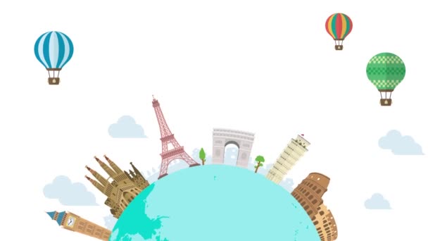 Reizen, vakantie, sightseeing animatie banner (4K). Wereld erfgoed en wereldberoemde gebouwen.  - Video
