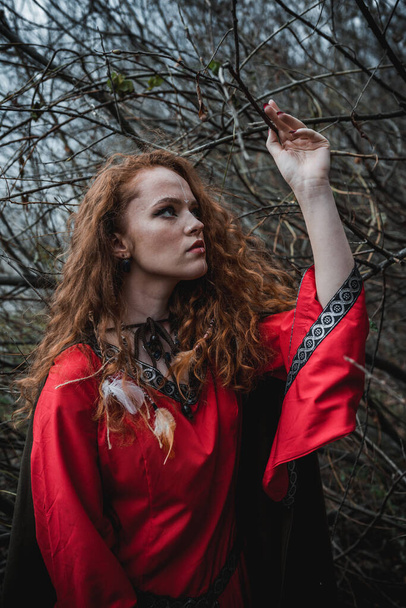 Red-haired woman in a red dress in a historical Celtic costume in the autumn forest - Foto, afbeelding