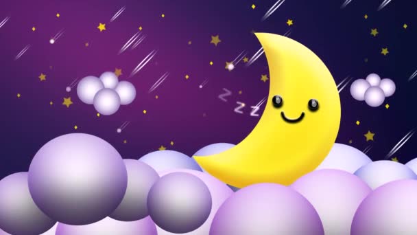 aranyos hold rajzfilm alszik ZZZ a felhők, hurok animáció háttér. - Felvétel, videó