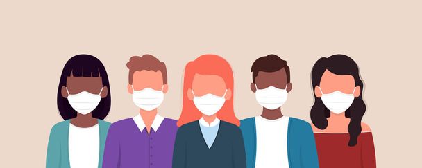Gruppo di persone che indossano una maschera medica per prevenire il virus della corona. Design piatto - Vettoriali, immagini
