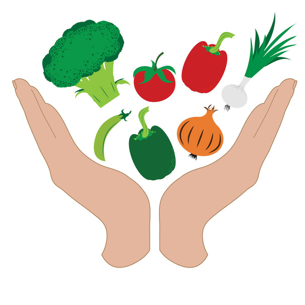 Bir sebzeyi koruyan savunma jestindeki el silueti. Brokotu, bezelye, domates, biber, soğan, yiyecek, tarım, koruma, taze, vegan, vejetaryen, frizbiyen. - Vektör, Görsel