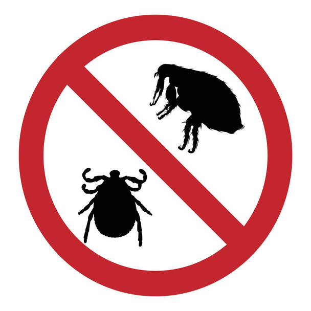 Illustrazione vettoriale del marchio di divieto di pulci e zecche su uno sfondo bianco. Simbolo di protezione contro i parassiti. - Vettoriali, immagini