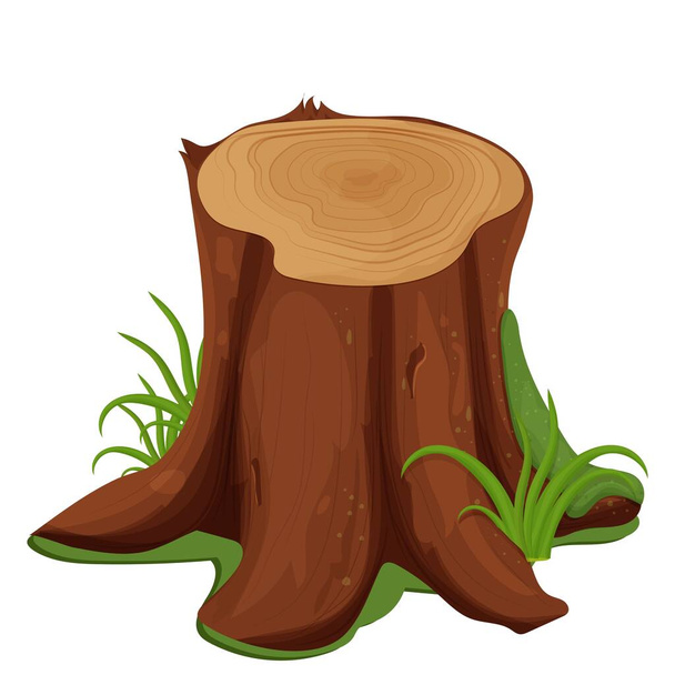Rotte stronk van boom met mos en gras in cartoon stijl geïsoleerd op witte achtergrond. Gedetailleerde tekening met wortel, hout textuur, close up clipart, ui element. - Vector, afbeelding
