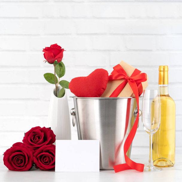 Valentine's Day celebration with wine, gift and rose bouquet for holiday greeting. - Fotoğraf, Görsel