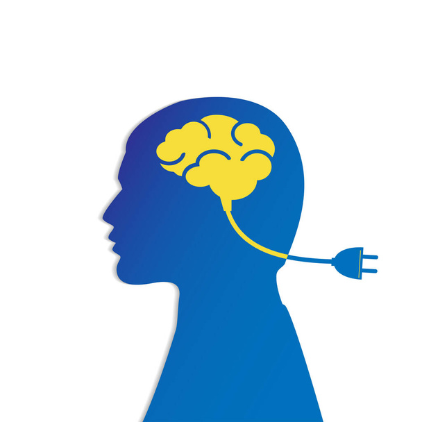 Man head with brain and plug, charging. - Vector, Image