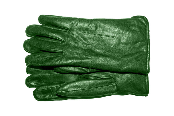 A pair of green leather gloves on a white background.Leather gloves top view.Leather gloves studio photo. - Photo, Image