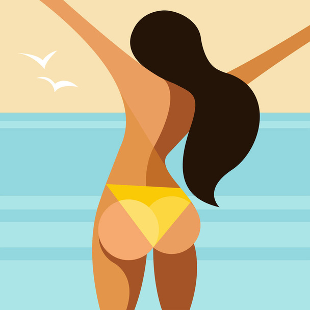 wektor trend płaska ilustracja na temat wakacji letnich. opalona dziewczyna w żółtym stroju kąpielowym rozkłada ramiona na boki i raduje się słońcem, morzem, oceanem, falami. - Wektor, obraz