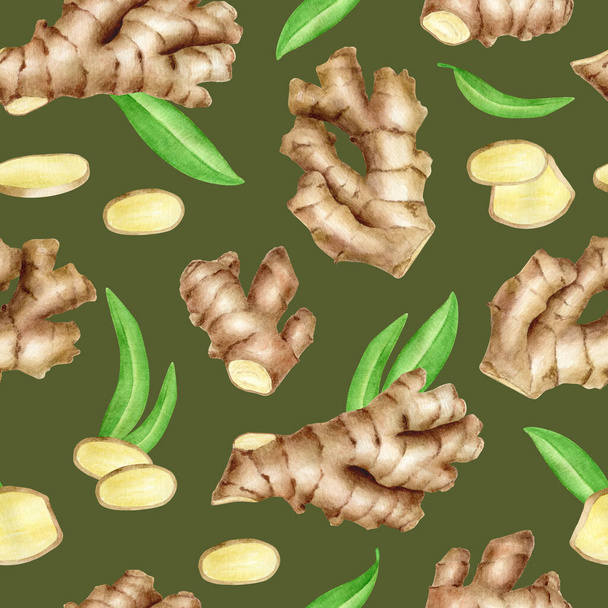Ginger korzeń bezszwowy wzór z plasterkami i liści. Ręcznie rysowane akwarela imbir kłącza na ciemnozielonym tle. Projekt dla tekstyliów kuchennych, opakowania żywności, menu, olejek eteryczny - Zdjęcie, obraz