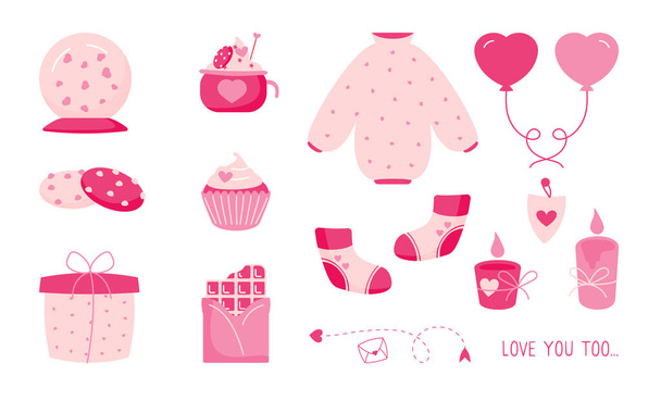 Valentine day elements pink heart flat vector set - Vettoriali, immagini