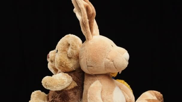 rabbit with long ears and various teddy bears rotates on a black background, children's toy - Footage, Video