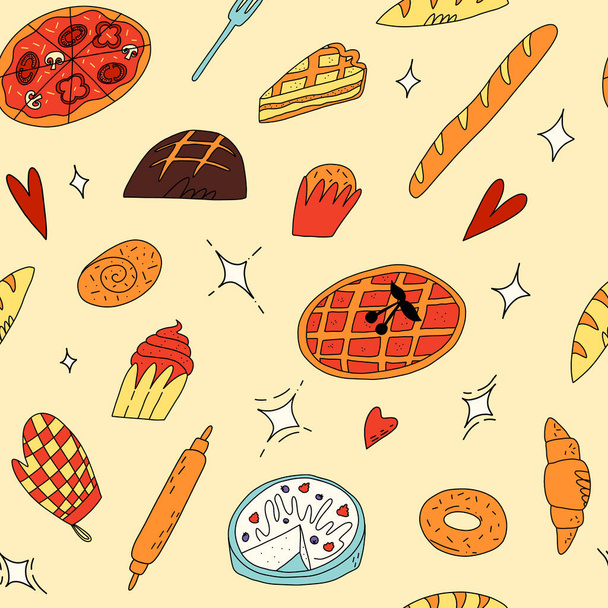 Cute doodle seamless pattern with various traditional American, Italian and other bakery, pastry and desserts. - Vector, Image