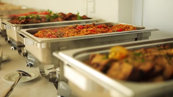 catering wedding buffet for events.Uzbek, Kazakh national dish - pilaf. Rice with meat and vegetables. Menu for the restaurant. - Footage, Video