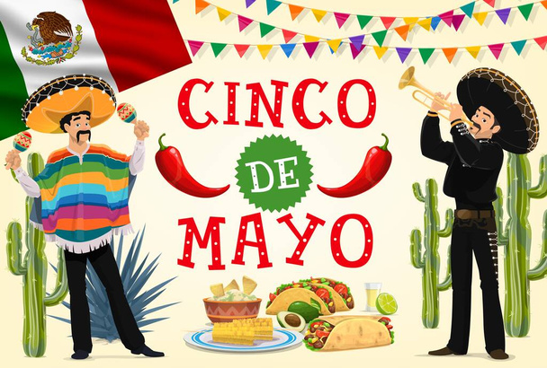Cinco de Mayo fiesta mariachi és mexikói ételvektor dizájn. Rajzfilmzenészek sombrero kalapok, maracas és trombita, Mexikó zászló, kaktuszok és piros chilipaprika, tequila, taco, burrito és nachos - Vektor, kép