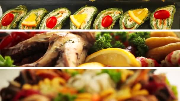Gemischter Salat mit Meeresfrüchten in einer Platte mit Garnelen, Fisch, Schalentieren, Tintenfischen und verschiedenen Gemüsesorten. Vorspeise Nahaufnahme von verschiedenen Meeresfrüchten und Gemüse.Präsentation von Meeresfrüchten. Amlet-Rollen mit Spinat und Lachs. Ein Gericht der japanischen Küche.  - Filmmaterial, Video