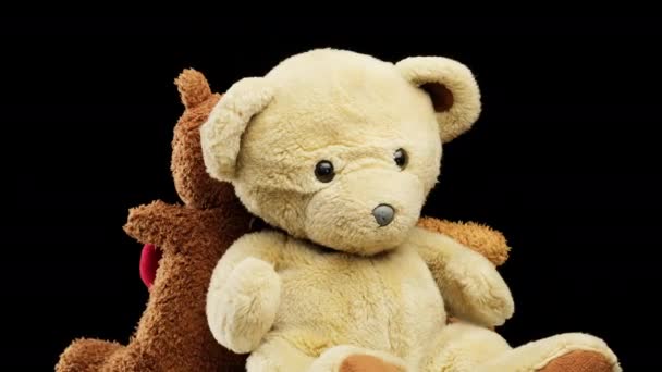 verschiedene Teddybären rotieren auf schwarzem Hintergrund, Kinderspielzeug - Filmmaterial, Video