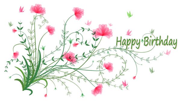 Birthday card. Greeting card in vintage style on a white background. Happy Birthday. Delicate green bush with pink abstract flowers. Vector. - ベクター画像