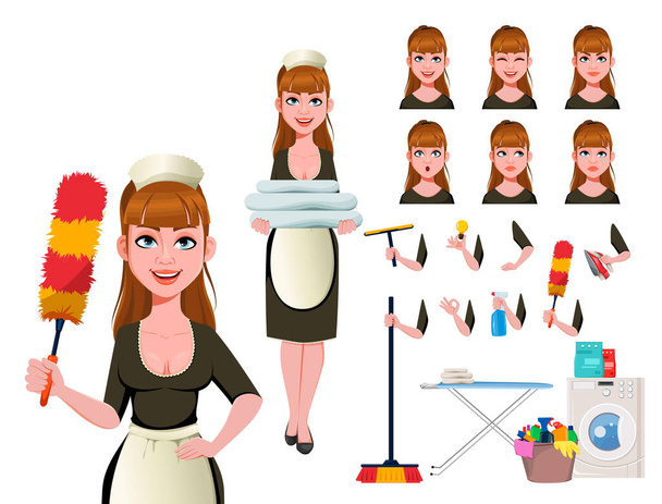 Young happy maid, beautiful housekeeper woman. Cheerful lady in apron, pack of body parts, emotions and things. Stock vector illustration - Vector, Image