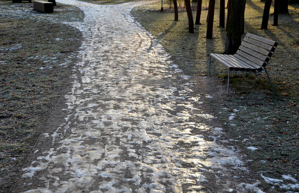 zamrzlé stezky v parku vás nelákají k procházce. existuje riziko zlomenin a poranění. zima jako na Sibiři v celé Evropě. vážné mrazy ochromily život ve městě i v parku. dřevěné - Fotografie, Obrázek
