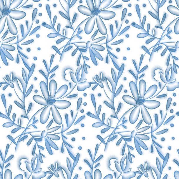 Seamless pattern with delicate blue flowers on a white background. Digital illustration. - Foto, immagini