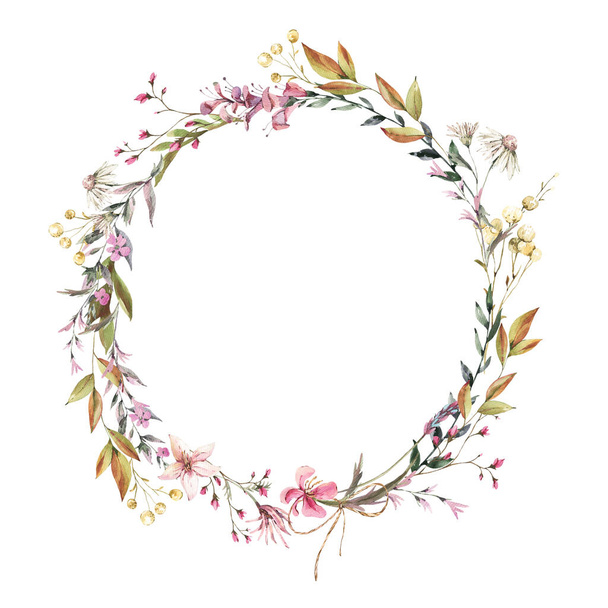 Watercolor vintage wildflowers wreath. Natural botanical illustration isolated on white background. - Foto, Imagen