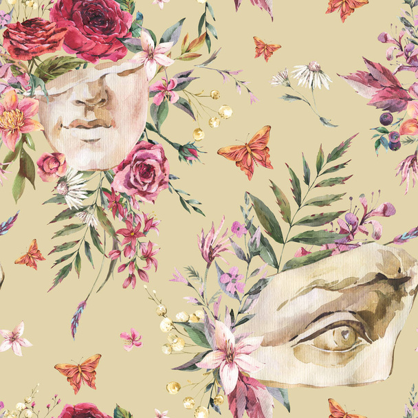 Kreikan veistos David silmä saumaton kuvio kuivia kukkia, perhonen. Klassinen pään veistos rakenne - Valokuva, kuva