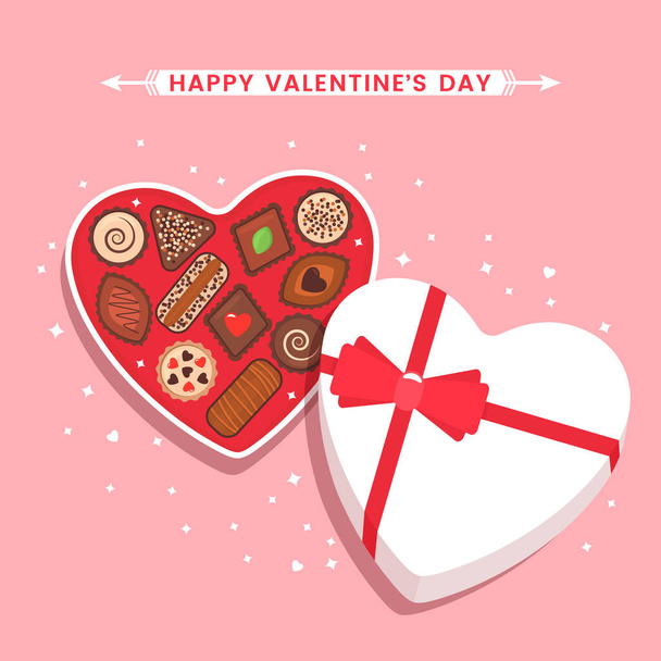 Szent Valentin nap. üdvözlőlap válogatott csokoládéval, szalagos dobozban. - Vektor, kép