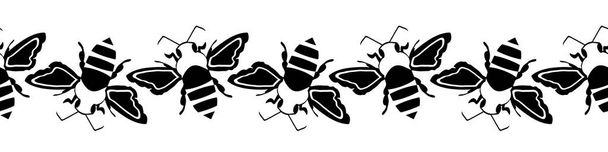 Hunaja mehiläinen vektori saumaton rajalla. Musta siluetti stensiili tyyli käsin piirretty lentävä hyönteinen valkoisella taustalla. Puutarha siivekäs bug banneri. Reunus, leikkaus, nauha. Puutarhan tai säilyttämisen käsite. - Vektori, kuva
