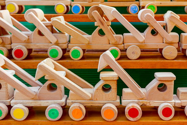 Children's eco handmade vintage wooden toys various models of train, truck, car, vehicle. - Photo, Image