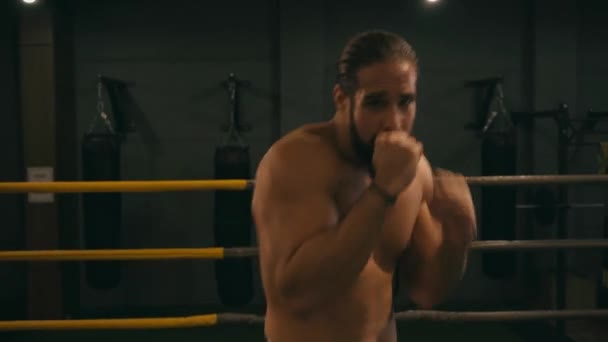 Latynoski bokser bez koszulki ćwiczący na ringu bokserskim  - Materiał filmowy, wideo