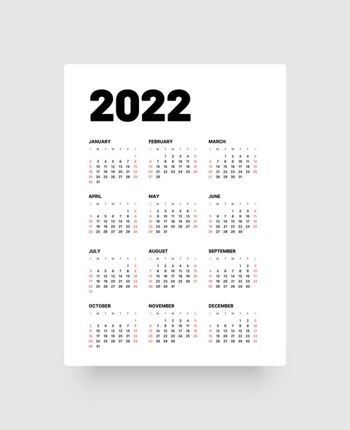 Monthly calendar for 2022 year. Week Starts on Sunday. - Vector, Image