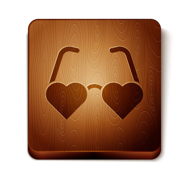 Icono de gafas de amor en forma de corazón marrón aislado sobre fondo blanco. Adecuado para el diseño de tarjetas de San Valentín. Botón cuadrado de madera. Vector. - Vector, Imagen