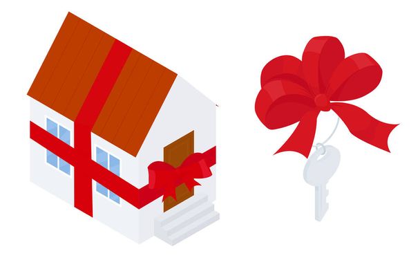 Gift home. Cartoon house wrapped with red ribbon. Key with bow. Vector illustration flat design style Isolated on white background. - Vettoriali, immagini