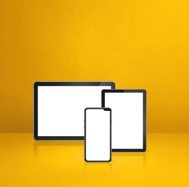 Mobile phone and digital tablet pc on yellow office desk. 3D Illustration - Fotografie, Obrázek