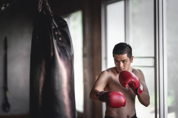 Desportista muay tailandês boxer formação com saco de boxe no ginásio - Foto, Imagem