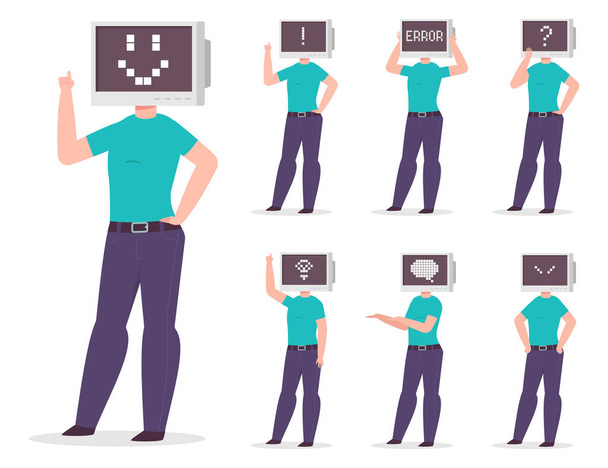 Человек с компьютером вместо головы с разными пиксельными эмоциями и знаками на мониторе. Векторный набор символов мультфильма на белом фоне. - Вектор,изображение